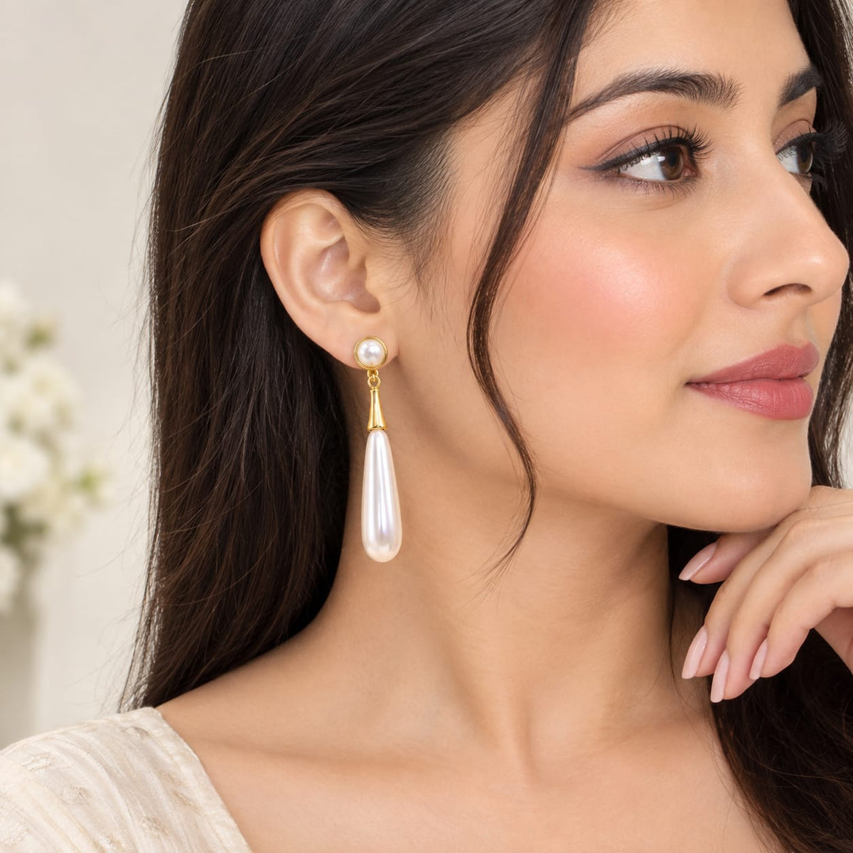 Gold Tone Pearl Drop Cylinder Earrings for Women