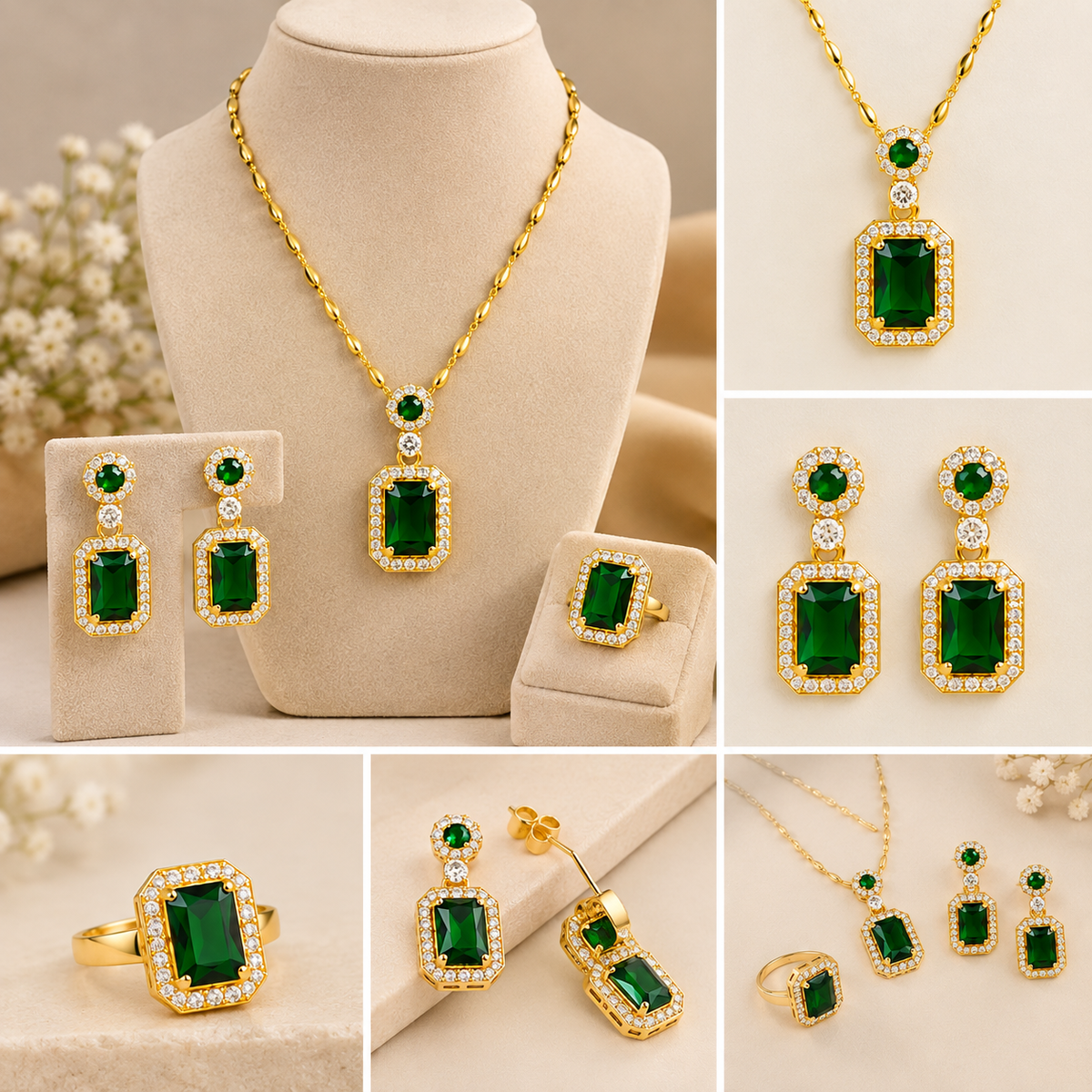 GOLD TONE EMERALD NECKLACE AND RING SET
