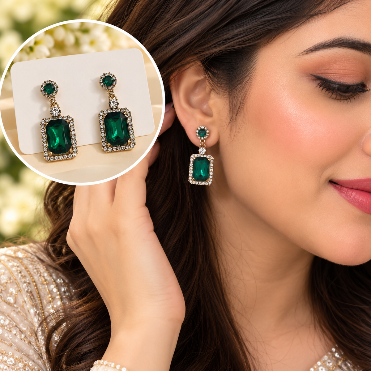GREEN RECTANGULARY CRYSTAL DROP EARRING