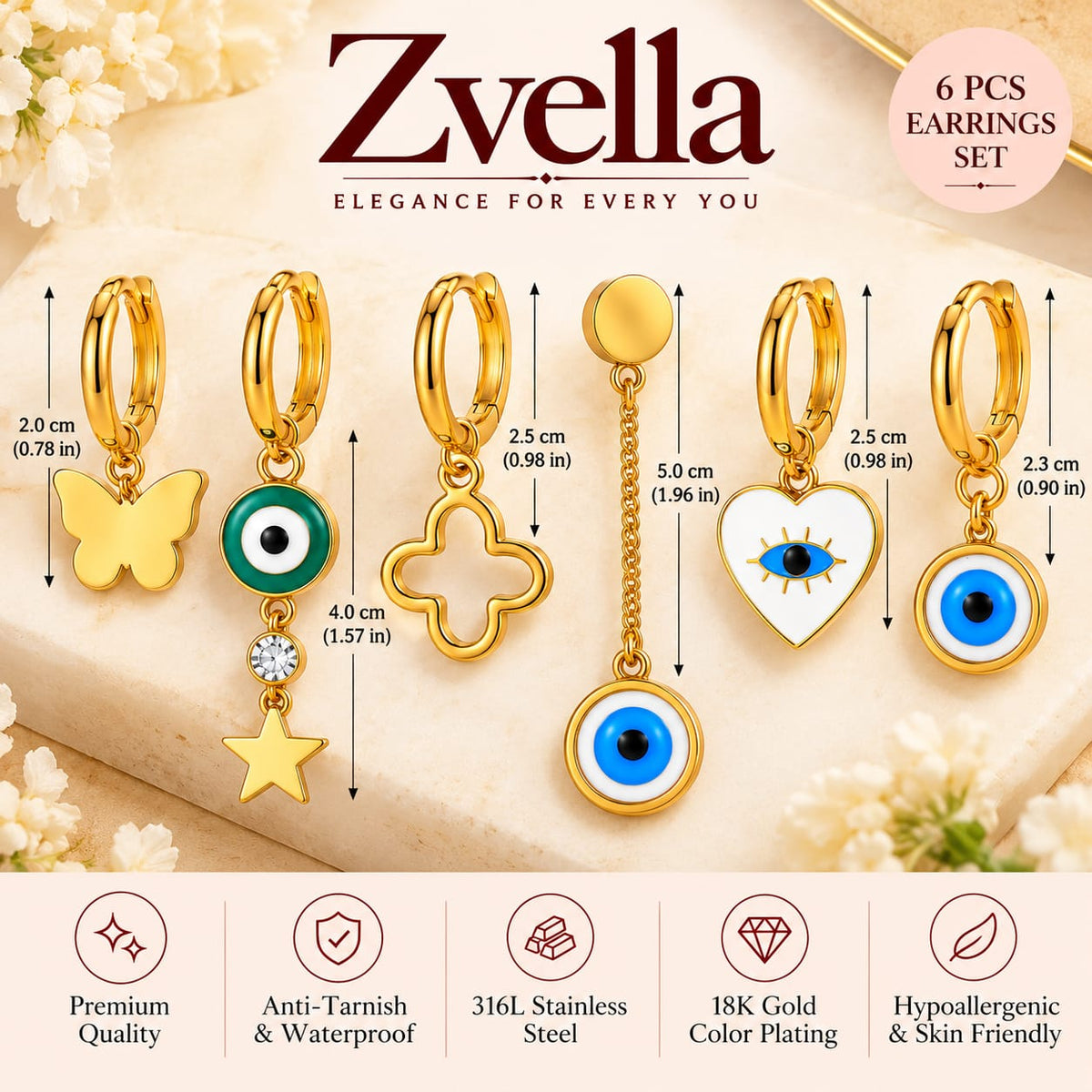 6-Piece Fancy Gold Plated Earrings Set for Women