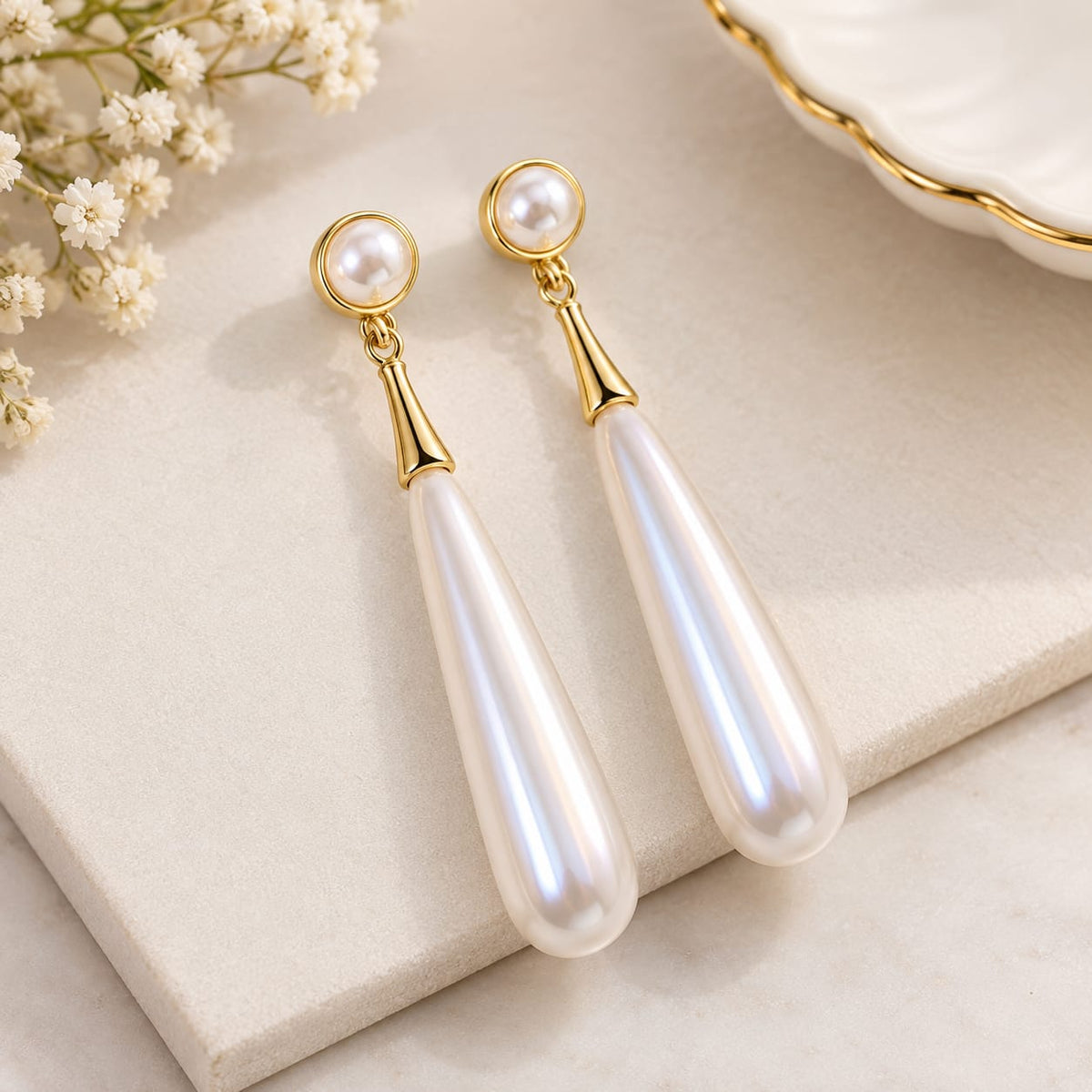 Gold Tone Pearl Drop Cylinder Earrings for Women