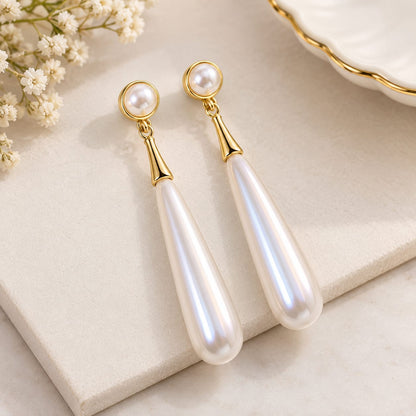 Gold Tone Pearl Drop Cylinder Earrings for Women