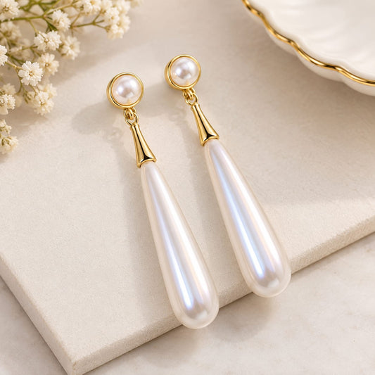Gold Tone Pearl Drop Cylinder Earrings for Women
