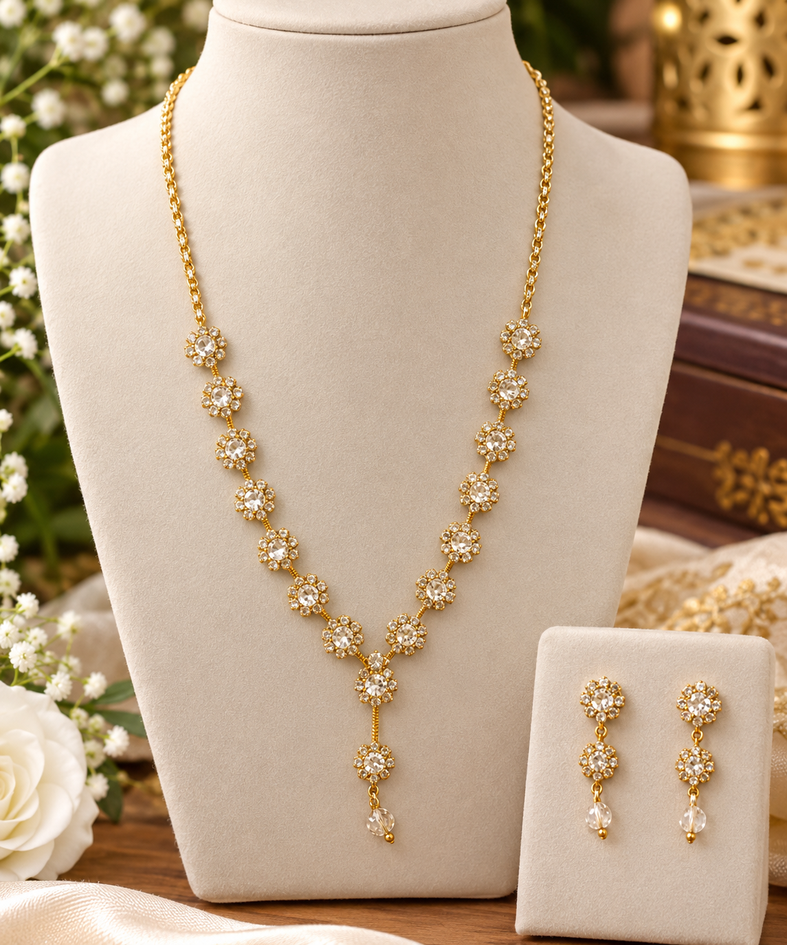 FLORAL CRYSTAL NECKLACE AND EARRING SET