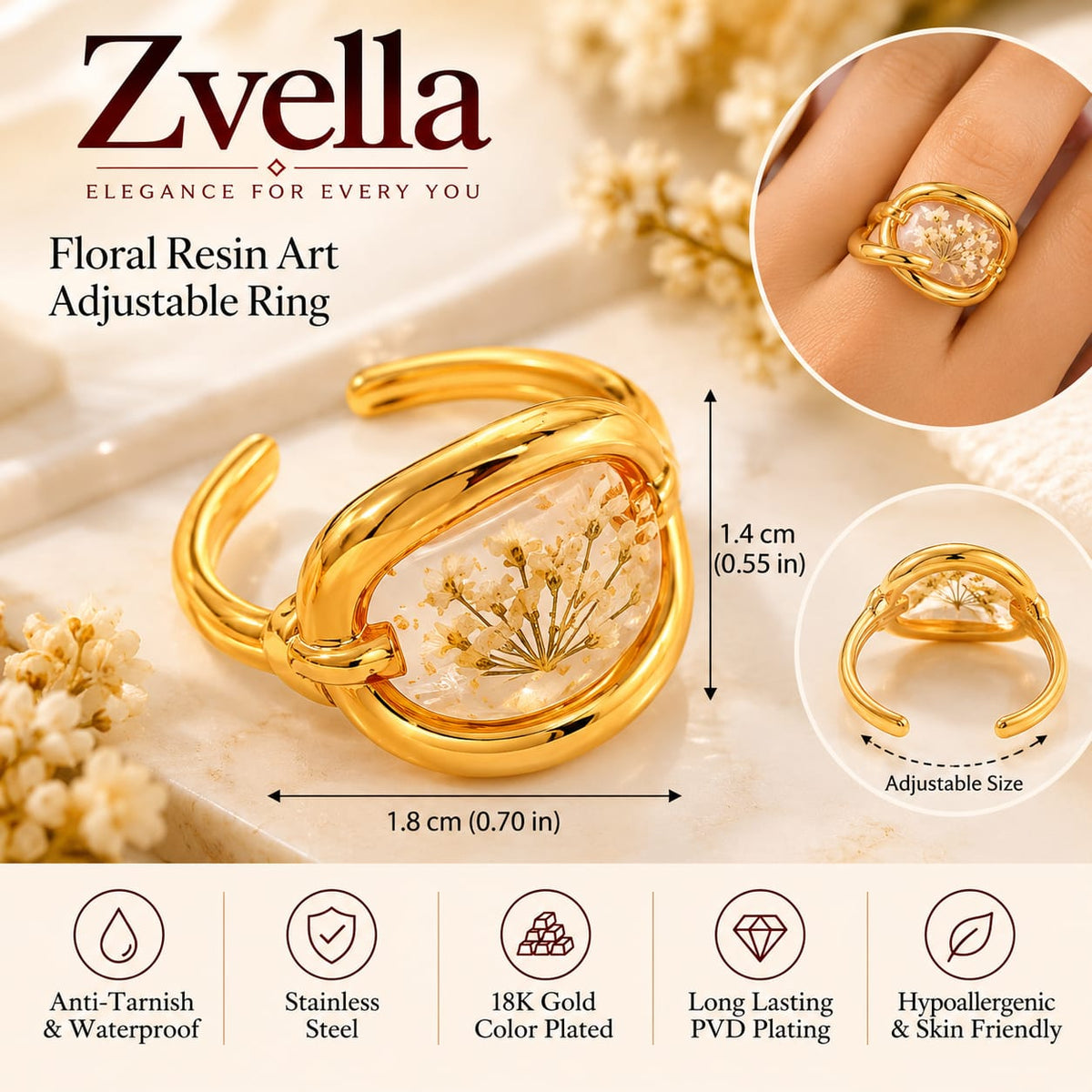 Floral Resin Art Adjustable Ring