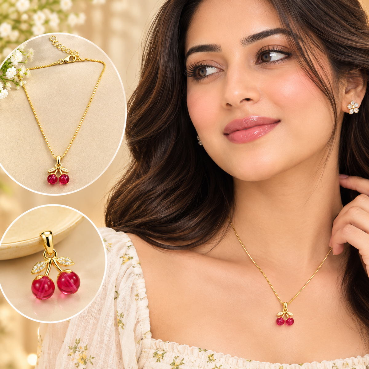 GOLD TONE CHERRY PENDANT NECKLACE