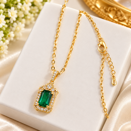 GOLD TONE EMERALD NECKLACE AND RING SET