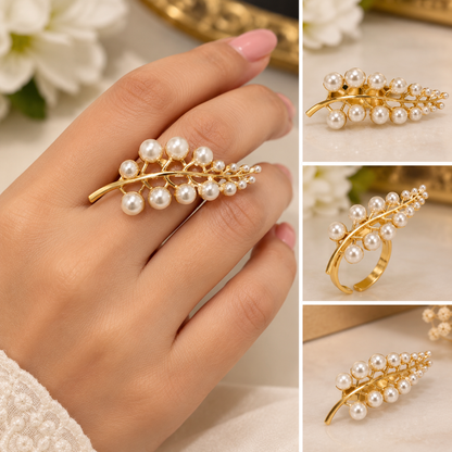 GOLD TONE PEARL LEAF RING