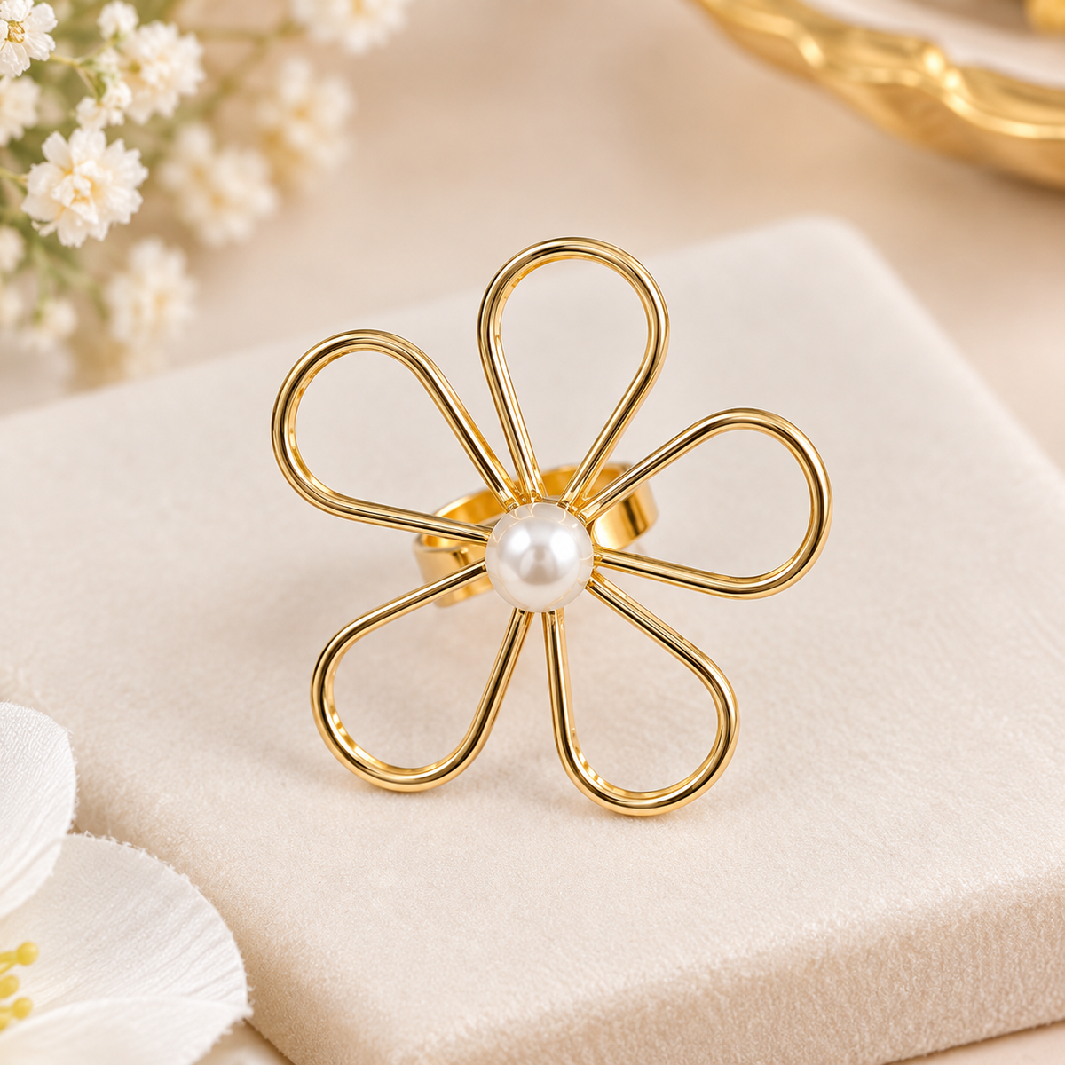 Gold Tone Floral, Starfish & Pearl Ring Set for Women