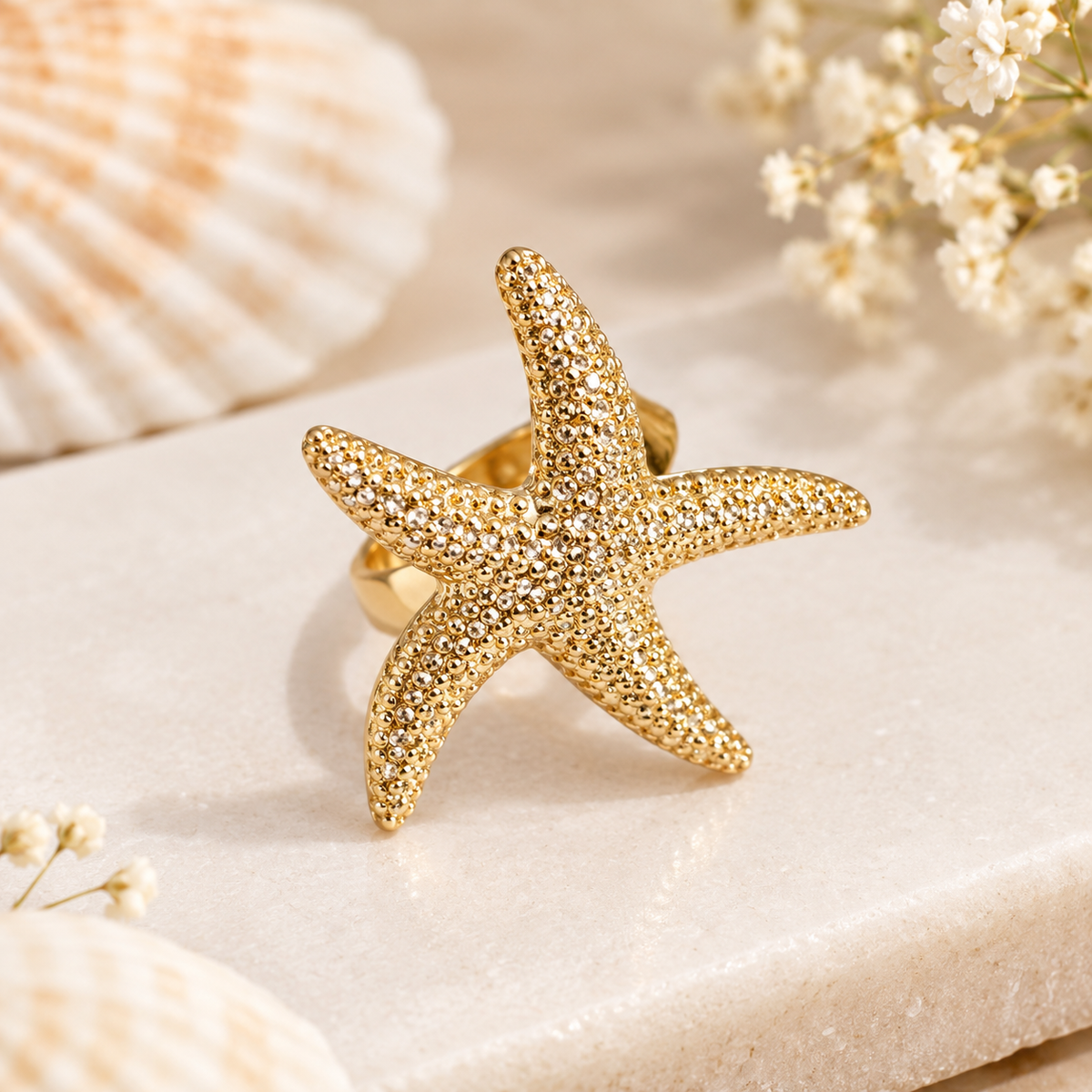 Gold Tone Floral, Starfish & Pearl Ring Set for Women