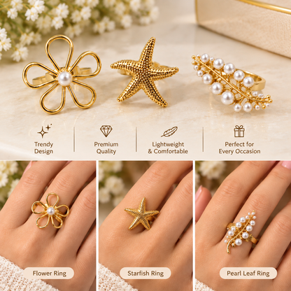 Gold Tone Floral, Starfish & Pearl Ring Set for Women