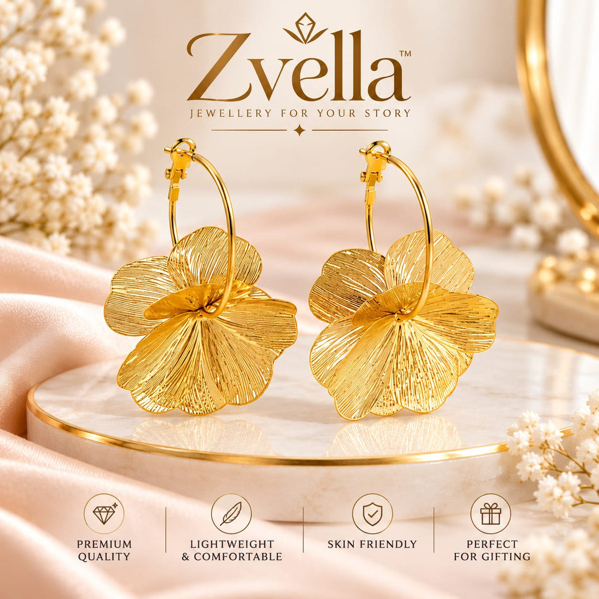 Golden Flower Hoop Earrings for Women