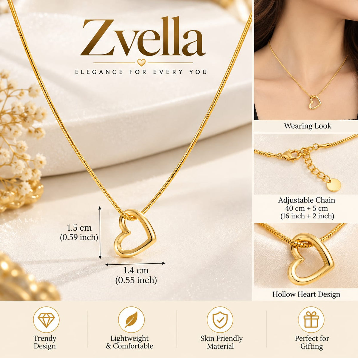Gold Heart Pendant Necklace for Women