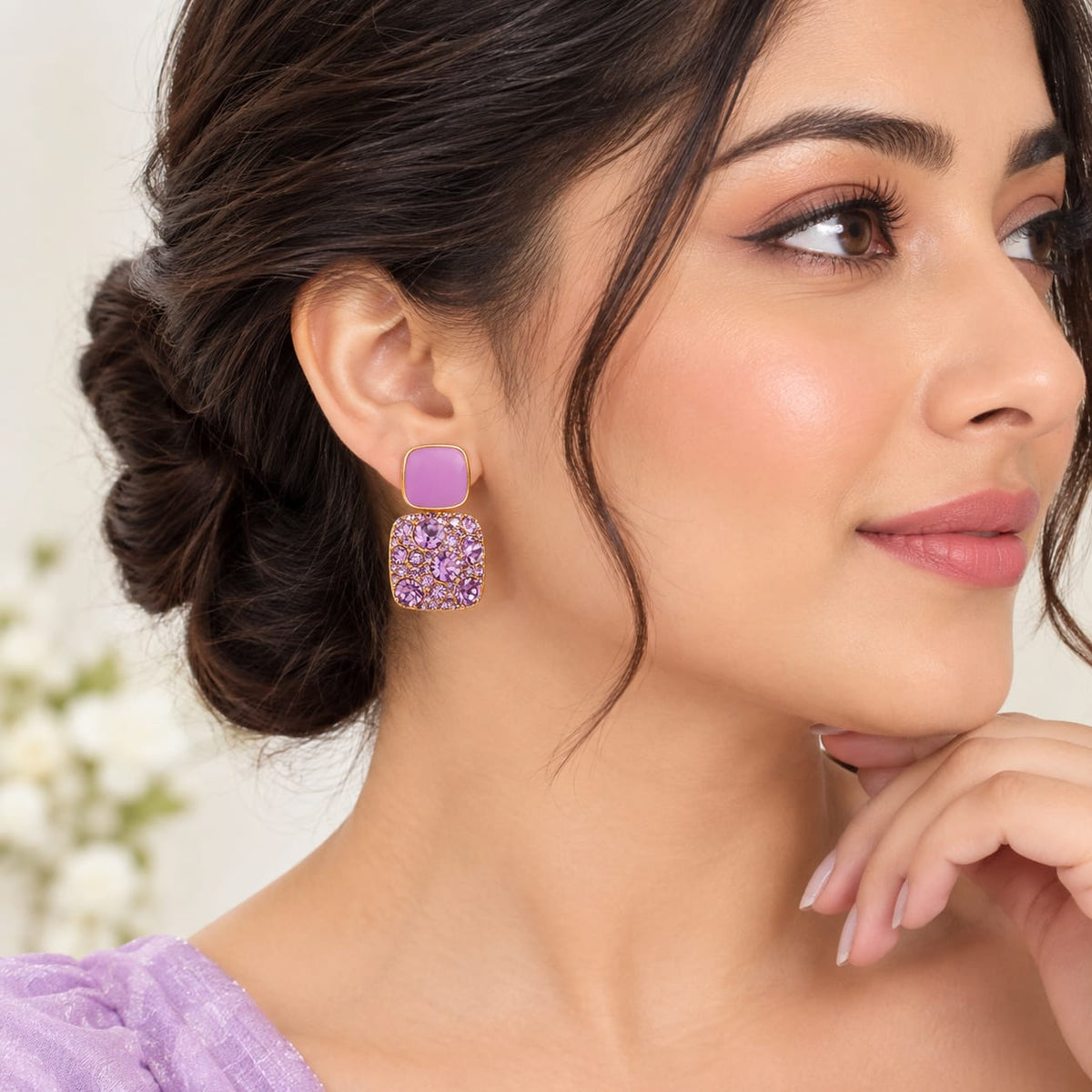 PURPLE GOLD TONE SQUARE DROP EARRINGS