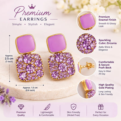 PURPLE GOLD TONE SQUARE DROP EARRINGS