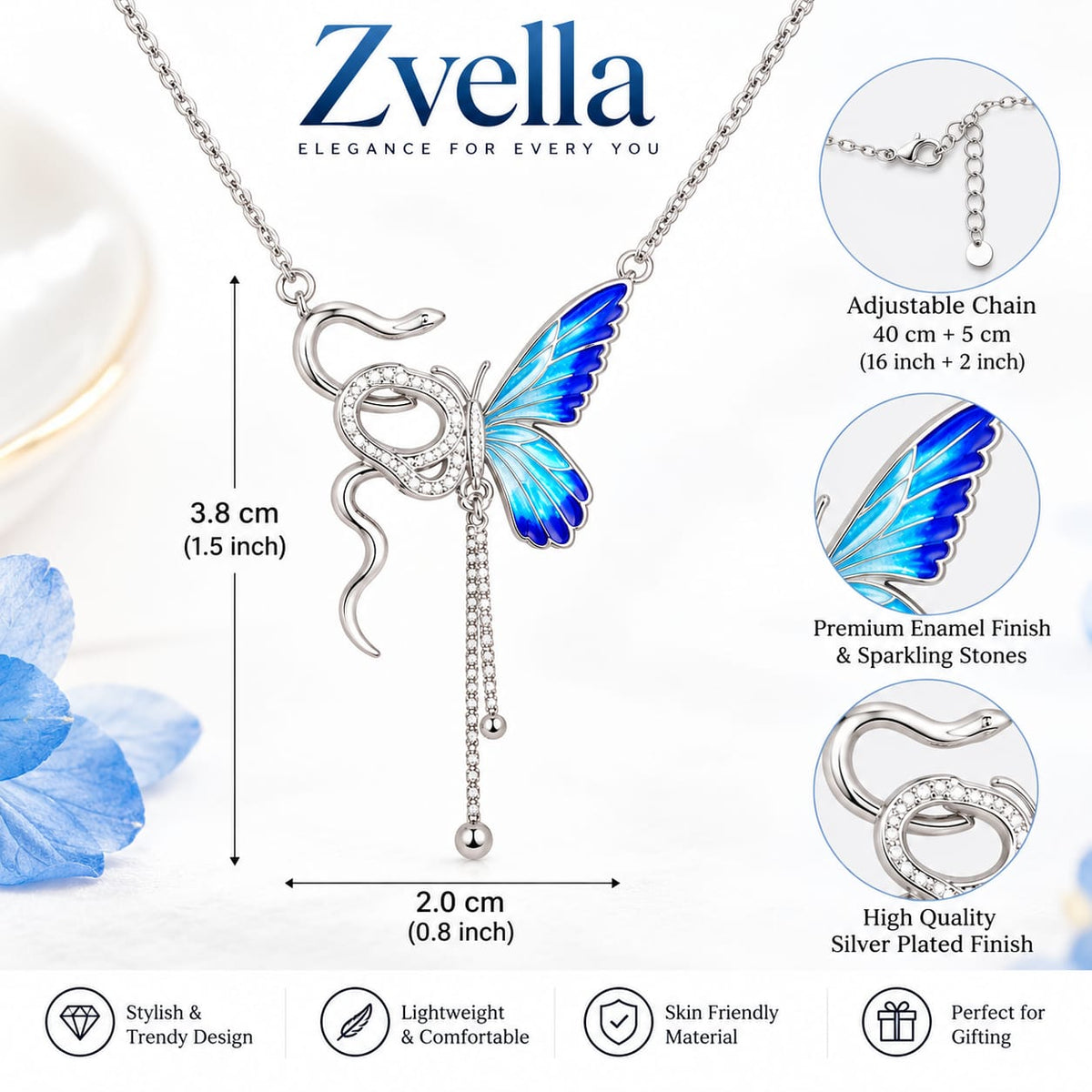 Blue Butterfly Pendant Necklace for Women